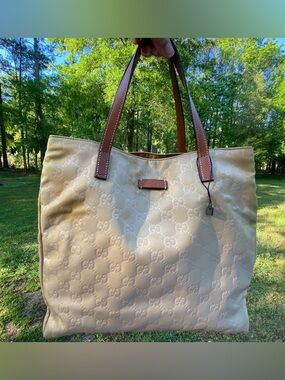 Gucci Beige GG Monogram Tote Bag with Brown Leather Handles